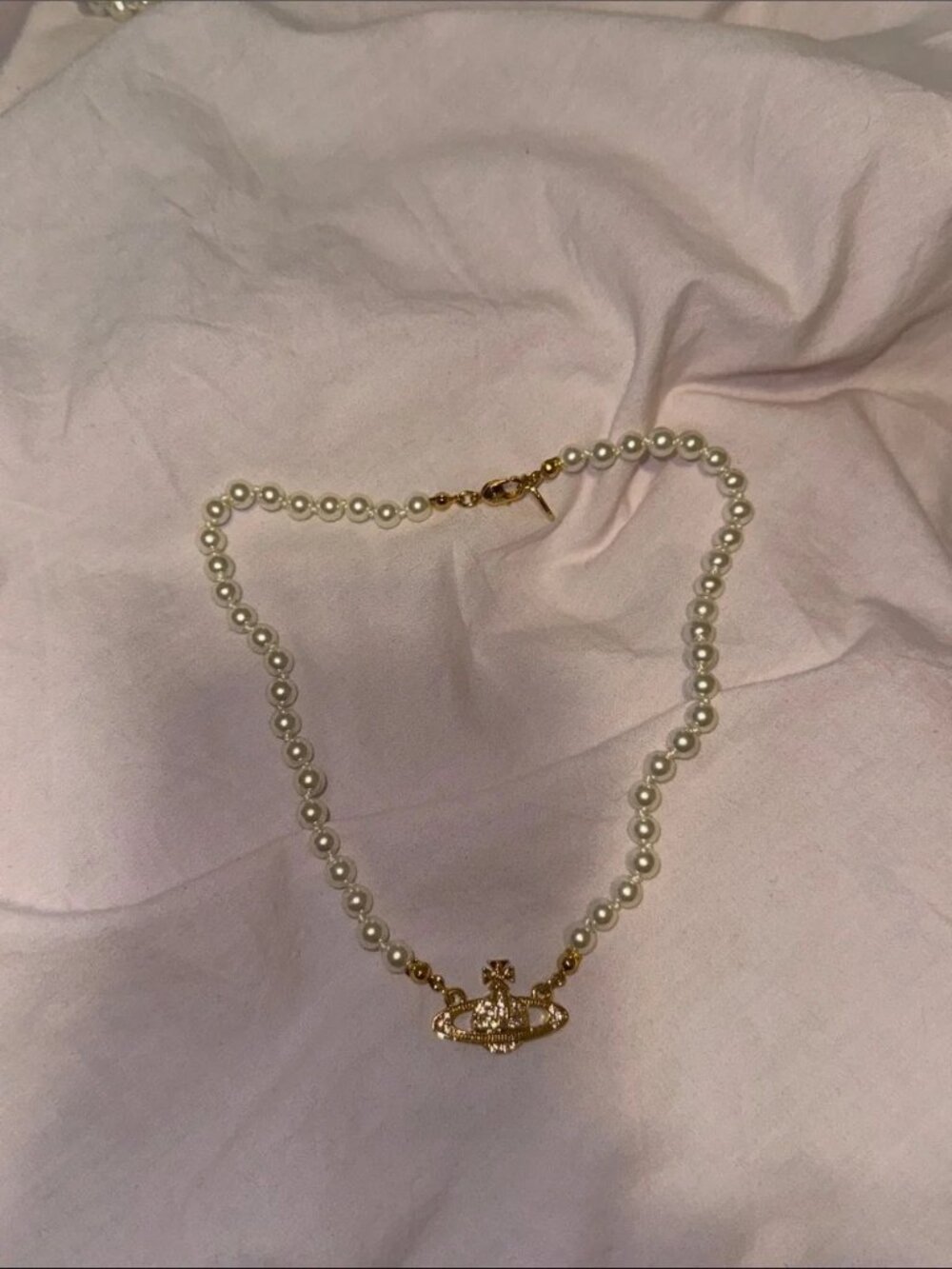 Pearl Necklace with Gold Orb Pendant - White Pearls